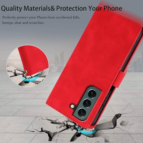Wallet Case for Galaxy S22, RFID Blocking, 4 Card Slots, Red | For Samsung Galaxy S22 6.1 inch, PU Leather Flip Cover, Protective TPU Shell, Magnetic Closure, Stand, Wrist Strap - color: Red
