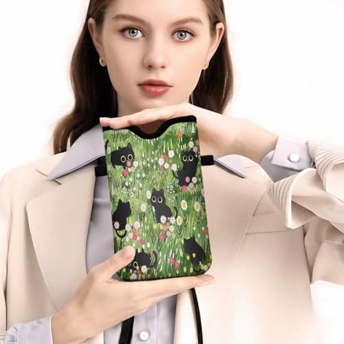 Universal Phone Sleeve Pouch with Crossbody Strap 7.6 X 4.3 Inches Shockproof Water Resistant Mobile Protection Bag-Black Cat Floral Neoprene Phone Pouch Bag - color: Black Cat Floral-Phone Pouch