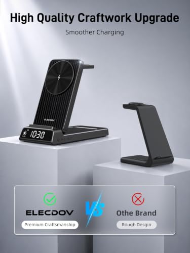 3 in 1 Charging Station for Apple, Travel Wireless Charger with Clock - color: Carbon Fiber