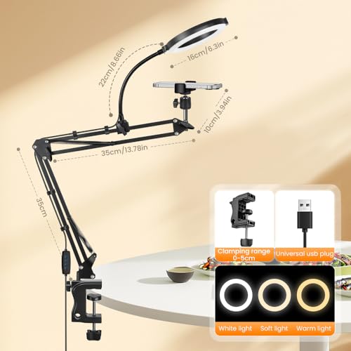 Overhead Phone Mount with Ring Light, 6.5in LED Selfie Ring Light for Desk,,Adjustable Phone Mount,for Video Recording,Live Stream,Cooking Video