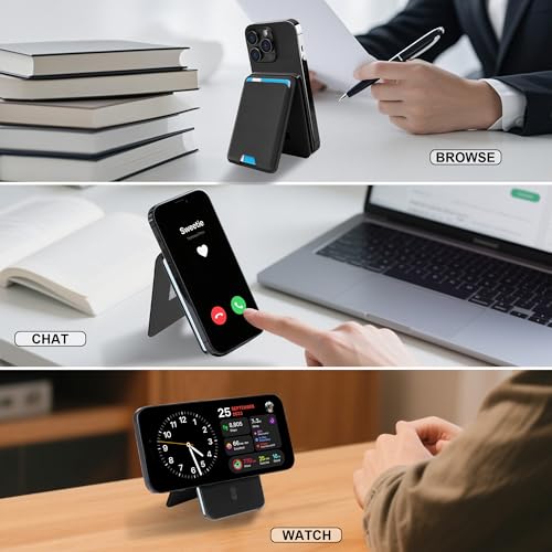 Magsafe Wallet with Adjustable Stand, Magnetic Phone Card Holder - color: Leather Stand No Clip - Ebony Black