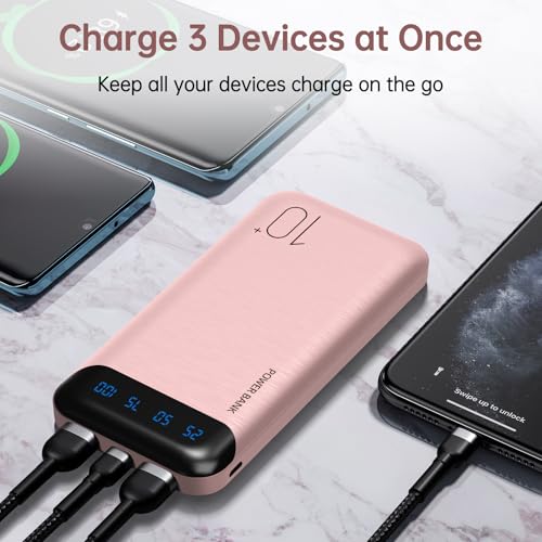 YOBON Power Bank 10000mAh Portable Charger Slim Battery Pack with 2 USB 2.4A Outputs and USB C in/Out Compatible with Huawei iPhone 16 15 14 13 12 iPad Samsung Galaxy S20 Android Tablet (Light Pink) - color: Light Pink