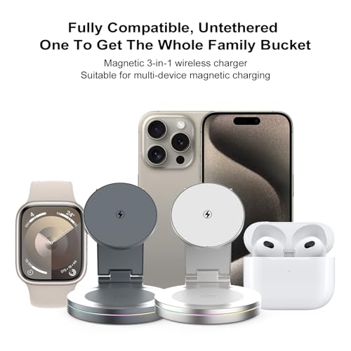 Foldable 360º Rotatable Zinc Alloy 3-in-1 Magnetic Wireless Charger, Charging Station, Charging Stand,15W for iPhone 12-17,5W for Apple Watches,AirPods(Adapter Included) (Black) - color: black