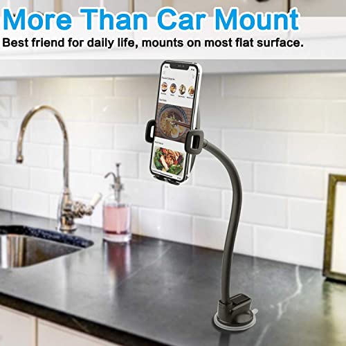 1Zero Solid Car Truck Phone Mount Holder with 14-Inch Gooseneck Long Arm - color: Black Mirror Surface with Silver Ring