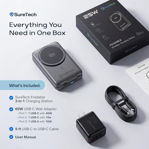 3-in-1 Foldable Wireless Qi2.2 Charging Station, 65W Adapter, Gray