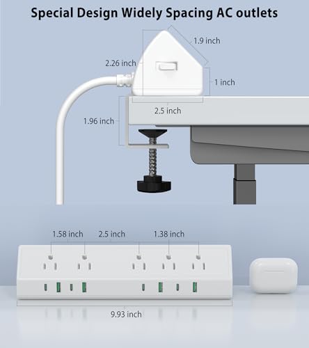 Jgstkcity Desk Clamp Power Strip USB C 45W,1200J Surge Protector - color: White, size: 6 FT
