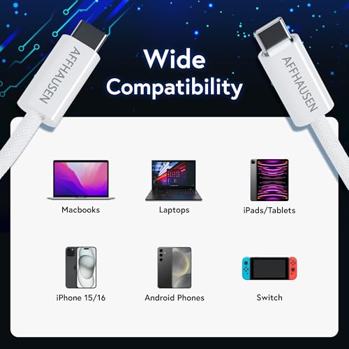 AFFHAUSEN USB-C to USB-C Cable 7ft (2.1m), 240W, Braided White - color: White