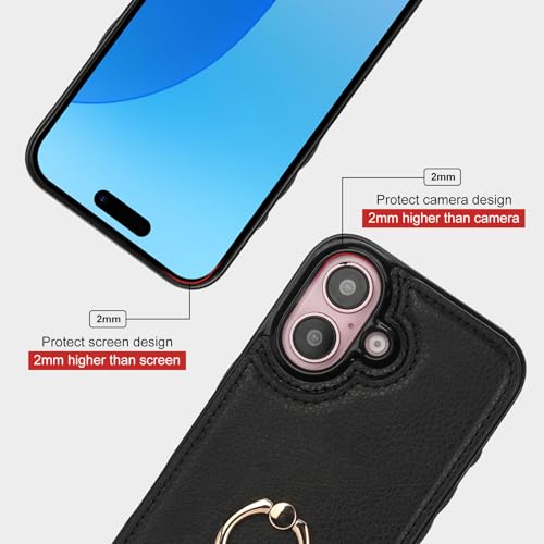 Folosu Compatible with iPhone 16 Case Wallet with Card Holder, 360°Rotation Finger Ring Holder Kickstand, RFID Blocking Leather Protective Double Buttons Shockproof Cover 6.1 Inch Black - color: Black