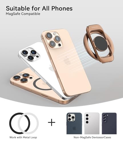 Magnetic Phone Ring Holder for MagSafe Phone Grip & Kickstand, Strong Dual-Sided Magnets Compatible with MagSafe Car Mount Gym for iPhone 17/16 Pro Max 15/14/13/12 and Android Phone Cases (Brown) - color: Brown
