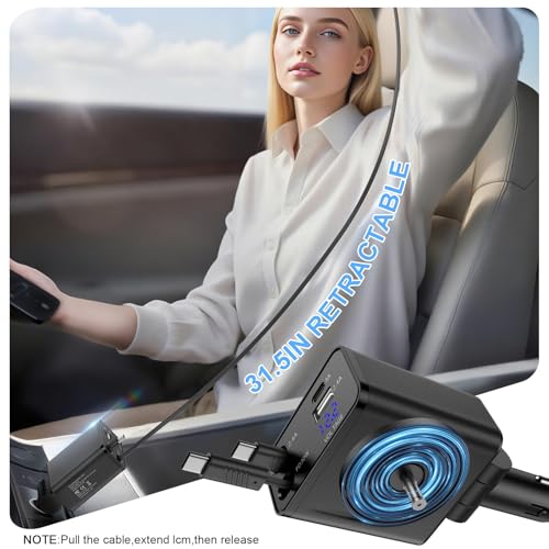 Retractable Type C Fast Car Charger 45W 4-Port USBC&USB A Car Phone Charger