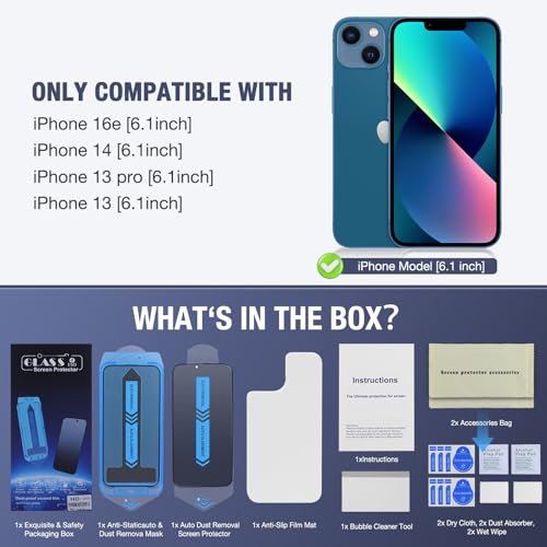 2-Pack Privacy Screen Protector for for iPhone 16e/iPhone 14/iPhone 13 Pro/iPhone 13 6.1-Inch, 9H Tempered Glass, Full Coverage, Anti-Fingerprint, Auto Dust-Elimination, No Bubble, Easy Installation - size: for iPhone 16e/iPhone 14/iPhone 13 Pro/iPhone 13