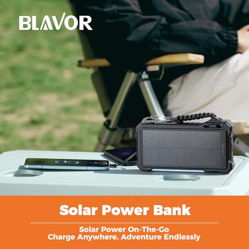 BLAVOR Solar Power Bank 20000mAh, Wireless Charger for Phones & Apple Watch - color: Dull black