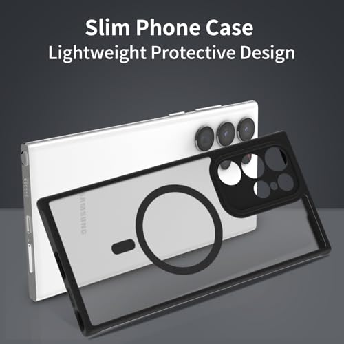 for Samsung Galaxy S22 Ultra Case Magnetic, Compatible with Magsafe 6.8-Inch Slim Fit Heavy Duty Protector Wireless Charging Shockproof Skin-Feel Anti-Slip TPU and PC Phone Cover, Black - color: Black Magnetic