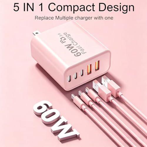 60W USB‑C Wall Charger, 5‑Port (3 USB‑C + 2 USB‑A), 2‑Pack, Pink - color: pink