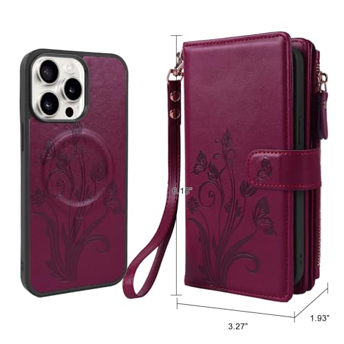 for iPhone 16e/17e Case Wallet,Compatible with MagSafe Magnetic 2 in 1 Magnetic Detachable PU Leather RFID Blocking Wallet Cover Card Holder Zipper Wrist Strap Lanyard,Floral Wine Red - color: Wine Red