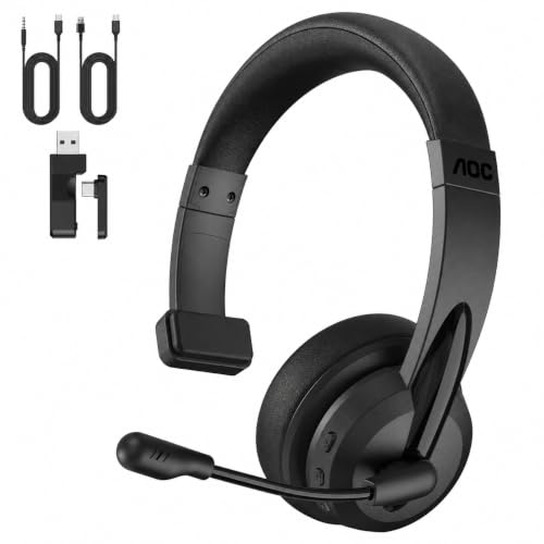 AOC Wireless Headset with Microphone for Work, Single-Ear Headphone for PC