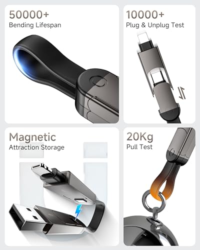 6-in-1 Keychain Charging Cable, Travel Essentials 60W PD Fast Charging Multi Charger Cable with USB-C, USB-A, L & Micro USB, Portable Magnetic Charger Cord for iPhone,iPad,MacBook,Cruise Accessories