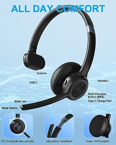 MONODEAL Trucker Bluetooth Headset, Wireless Headset with Microphone ENC Noise Cancelling & Mute Button, 30H Talk Time, Bluetooth 5.2 Headphones for Work, Office, Call Center - color: Deep Black