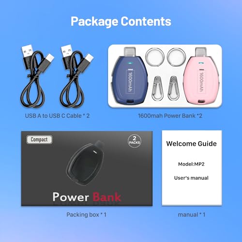 (2-Pack USB C Keychain Portable Charger, 1600mAh Mini Power Bank Ultra-Compact Battery Pack Power Emergency pod for iPhone 17/16/15 / Android Type-C Phones Samsung, Pixel, Moto etc-Pink&Blue