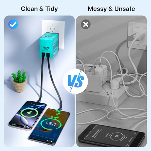 2 in 1 Retractable Gan Wall Charger with Dual Cables, Fast Charging 45W Retractable Phone Charger Wall Plug with 2 Charging Cable, USB C Chargers Block for iPhone 17 16 15 14 13, LG,Pixel - color: Blue
