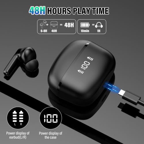 Wireless Earbuds, Bluetooth 5.4 Headphones 48H Playtime Ear Buds, Bluetooth Earbuds Stereo with LED Display, Clear Call, IPX7 Waterproof in Ear Earphones with ENC Mic for Phones/Sports/Laptop, Black - color: Jet Black