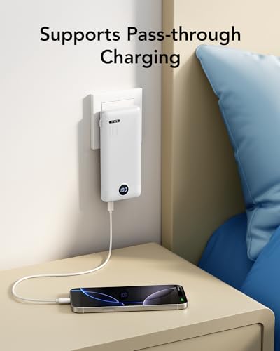 VRURC 10000mAh Portable Phone Charger, Built-in AC Plug & Cables, White - color: White