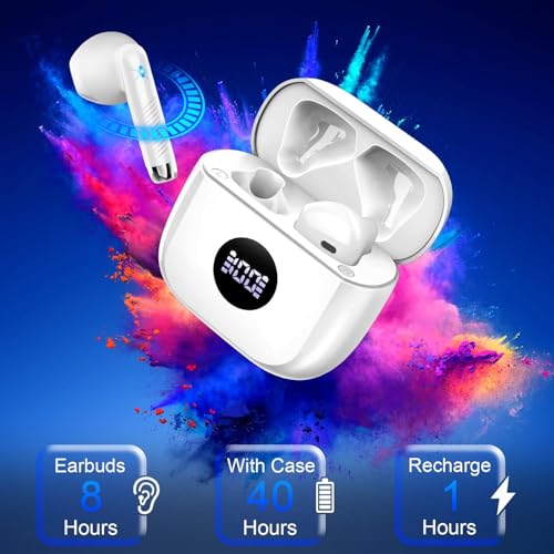 Wireless Bluetooth 5.4 Earbuds, LED Power Display Headphones, 6D Stereo - color: Creamy White