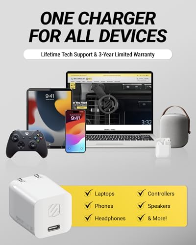Scosche PowerFlux 30W USB-C Charger Block, Fast Charging GaN USB-C Wall Charger with Foldable Plug, Power Delivery PPS Compatible with iPhone 17/16, Samsung Galaxy, Google Pixel, MacBook, iPad & More