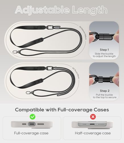 Phone Lanyard Crossbody with Phone Tabs, Adjustable Cellphone Lanyard with Skin-Friendly Neckband and Metal Carabiner - color: Black