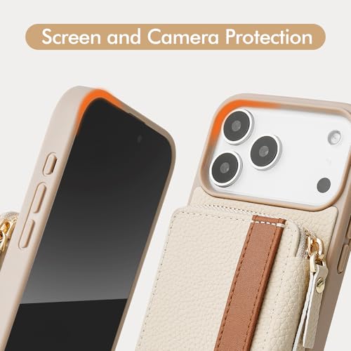 LAMEEKU for iPhone 17 Pro Case Wallet with Wrist Strap, Zipper Crossbody Purse with Phone Grip Holde 6.3 inch Beige - color: Beige, size: iPhone 17 Pro 6.3''
