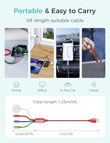 2Pack Multi Charging Cable for Apple Watch Charger 4 in 1 Travel Essentials RV Camping Essentials USB C/L/Micro Compatible with iWatch Series 11-1/iPhone 17/16/15/Android Airplane Gadgets-4FT/Red - color: Red, size: 4FT+4FT