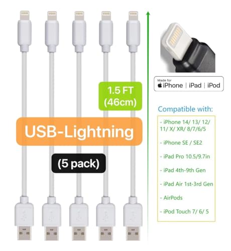 Short USB Cables, 5 Pack, Compatible with iPhone Pro, iPhone 14/13/ 12/11/ X/XR/ 9/8/ 7/6/ 5/SE/SE2, iPad 4th-9th gen/iPad mini 1st-5th/iPad Air 1st-3rd/iPad Pro9.7/10.5 (White, 1.5 Feet) - color: White, size: 1.5 Feet
