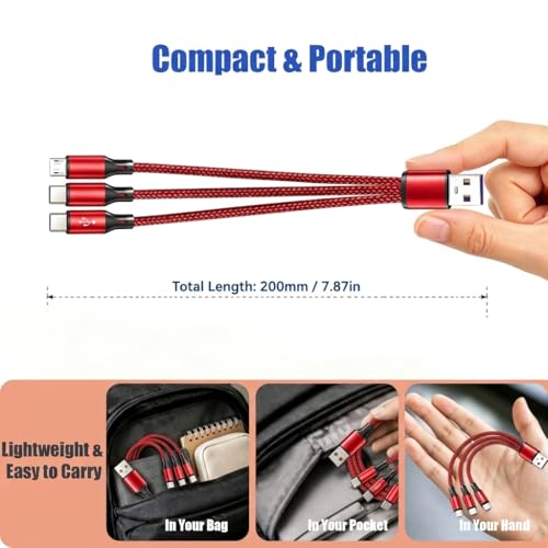 Multi Charging Cable, 3 in 1 USB Charging Cable for Multiple Devices, Red Braided Short 0.65FT USB A to 2 USB C + 1 Micro USB Splitter, 5A Fast Charge Compatible with Phone Tablets and More