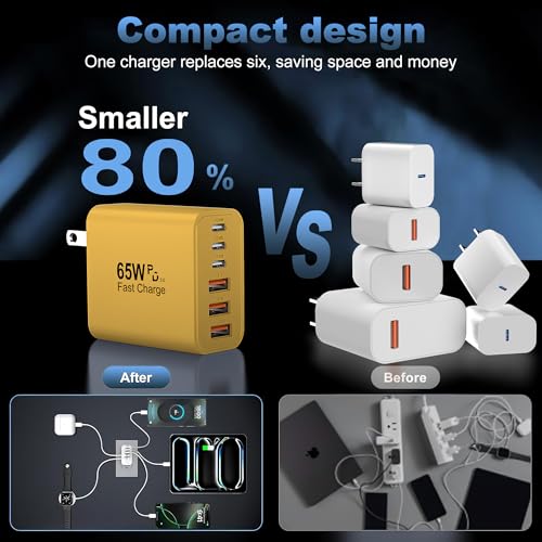 65W USB C Charger Block,6-Port Multi Device Fast Charger PD QC Wall Adapter - color: Yellow, size: 65w