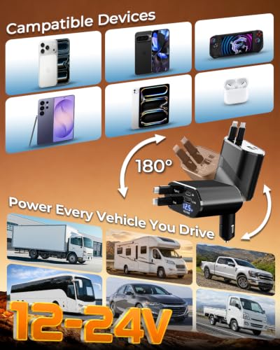 4 in 1 Retractable Car Charger, USB C Fast Charging Adapter, Black - color: Black