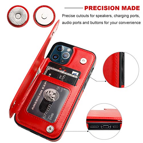 ONETOP for iPhone 12 & iPhone 12 Pro Wallet Case with Card Holder,Red | Kickstand,ID/Cash Holder,Case Wallet with Card Slots,Double Magnetic Clasp,Durable PU Leather Shockproof Cover for Women Men - color: Red