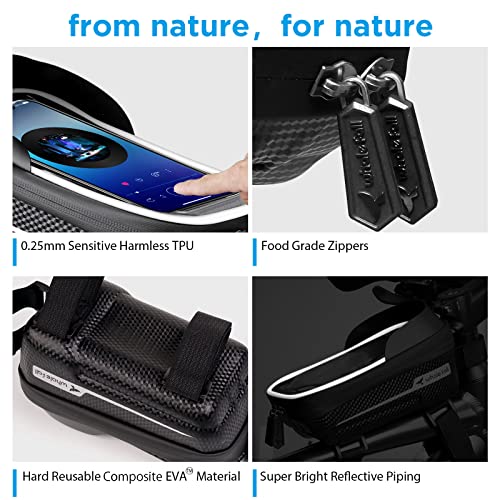 whale fall Bike Frame Bag, Molded Hard Shell, Reflective Bike Phone Holder | Waterproof Top Tube Bag with TPU Touchscreen, Fits Phones up to 7", Includes Rain Cover for Commuting and Night Riding - color: Black - Reflective Strip