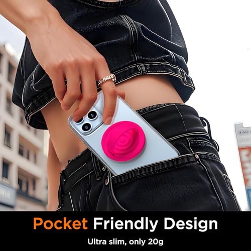 Upgraded Magnetic Phone Grip, Liquid Silicone Soft and Portable, Removable Finger Loop Ring Grip Holder for iPhone, Strong Magnetic Attraction, Compatible with MagSafe Phone Case, Neon Pink - color: Neon Pink