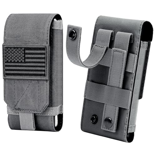 Tactical Molle Phone Cover Case, Heavy Duty Loop Belt Holster Pouch with Flag Patch for iPhone 17 Pro Max/Air/17 Pro/17/16 Pro Max/15 Pro Max/14 Pro Max/13 Pro Max, for Galaxy S26 Ultra - color: Gray