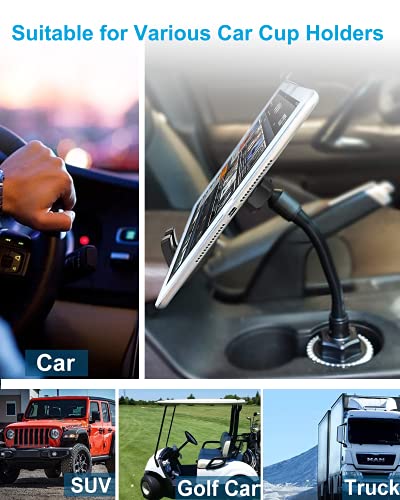 Car Cup Holder Tablet Mount, Adjustable 10.5" Gooseneck Arm Car Cupholder Tablet Stand, Compatible with iPad Pro/Air/Mini, Galaxy Tab/Z Fold, Fire HD, iPhone, 4.7-13" Cell Phones and Tablets