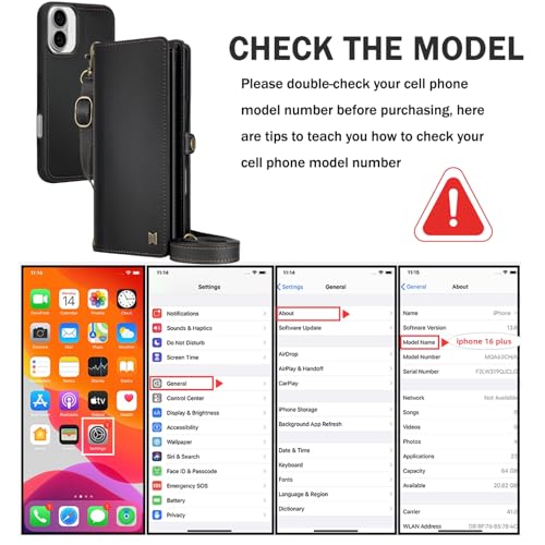 for Wallet Case Compatible with iPhone 16 Plus,Multi-Function Detachable 2 in 1 Magnetic iPhone 16 Plus Case Wallet,Flip Strap Zipper Card Holder Phone Case with Shoulder Straps (Black) - color: Black, size: iPhone 16 Plus