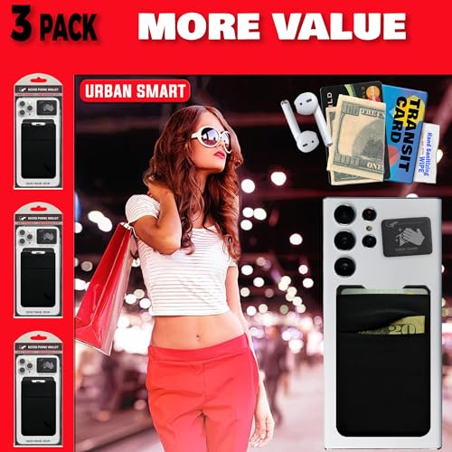 Gecko Travel Tech Double Pocket - Adhesive Card Holder - Cell Phone Pouch - Stick on Spandex Pocket - Carry Credit Cards and Cash (3 PACK - -BLANK- BLACK) - color: 3 PACK - --BLANK-- BLACK