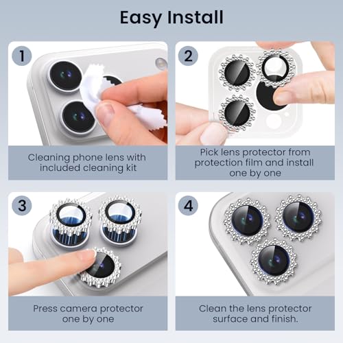 Compatible for iPhone 17 Pro/17 Pro Max Camera Lens Protector, Explosion-Proof 9H Tempered Glass with Diamond Gear Metal Ring, HD Anti-Scratch Lens Protection Decoration Accessories (Silver)