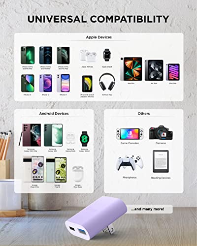 iHome 2-Port 20W Dual Port USB-C and USB-A Wall Charger, Travel Adapter - color: Lavender