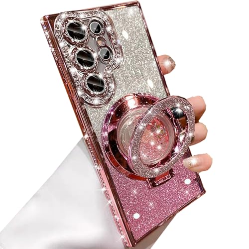 Changjia for Samsung Galaxy S26 Ultra Glitter Kickstand Case, Cute Bling Sparkly Diamond Rhinestones with Camera Lens Protector Liquid Ring Stand Women Girls Clear Phone Case for Galaxy S26 Ultra,Pink - color: Pink