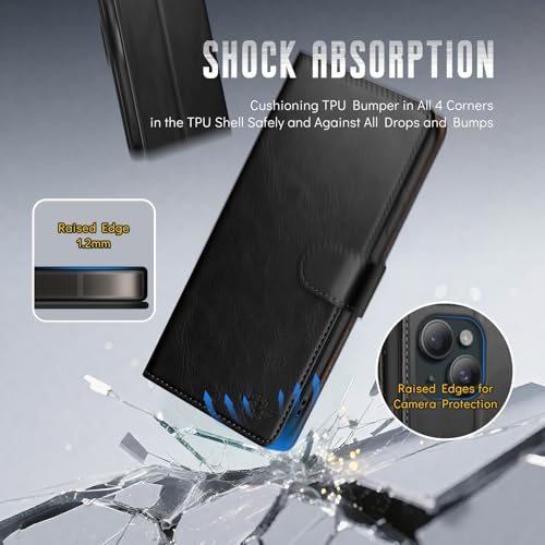 Wallet Case for iPhone 15 6.1", Black | RFID-Blocking Card Holder, Kickstand, Magnetic Closure, PU Leather Folio Flip Cover, Protective Women Men Cases - color: Black, size: iPhone 15