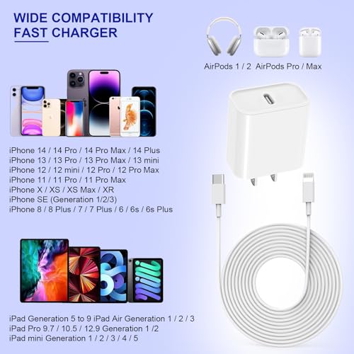 Apple Fast Charger, 10FT Extra Long Fast iPhone Charger Travel Plug Adapter Super Quick Apple Charging USB C Wall Charge Block with 10Foot Lightning Cable Cord for iPhone 14/13/12/11/X/XR/SE2022/iPad - size: 10FT