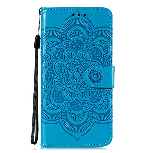 EYZUTAK Case for iPhone 14 Plus, Premium PU Leather Magnetic Flip Wallet Case with Card Holder Cash Slot Lanyard Strap Kickstand Function Embossed Mandala Flower Pattern Shockproof Cover - Blue - color: Blue, size: iPhone 14 Plus