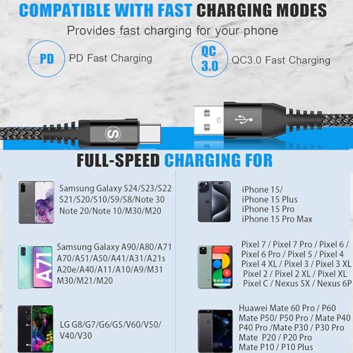 sweguard USB to USB C Cable 3-Pack 10ft 6.6ft 3.3ft Fast Charging Braided - color: Black, size: 10ft+6.6ft+3.3ft