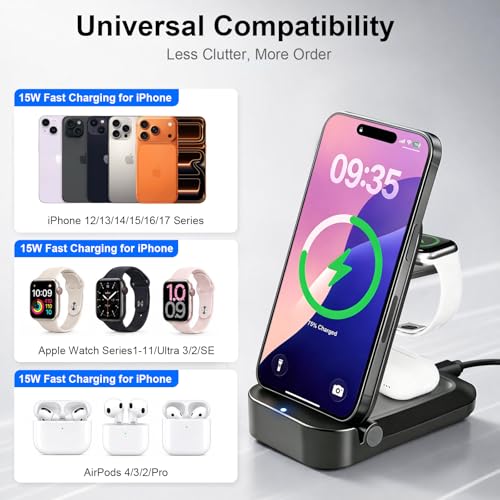 3 in 1 Wireless Charging Station for Apple - Foldable Wireless Charger Station - Travel Charger for Multiple Devices for iPhone 17 16 15 14 13 12 Pro Max Plus, Apple Watch, AirPods(Black)